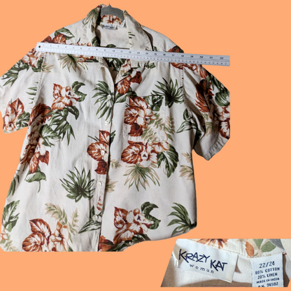 Krazy Kat Vintage Cotton/Linen Tropical Print Button Down Shirt - Size 22/24