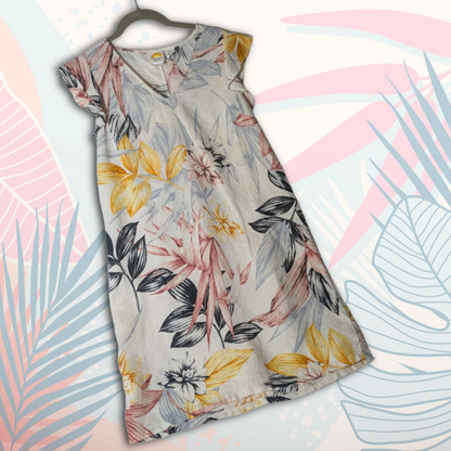 C&C California size XS 100% linen tropical pattern sundress, yellow/black/pink