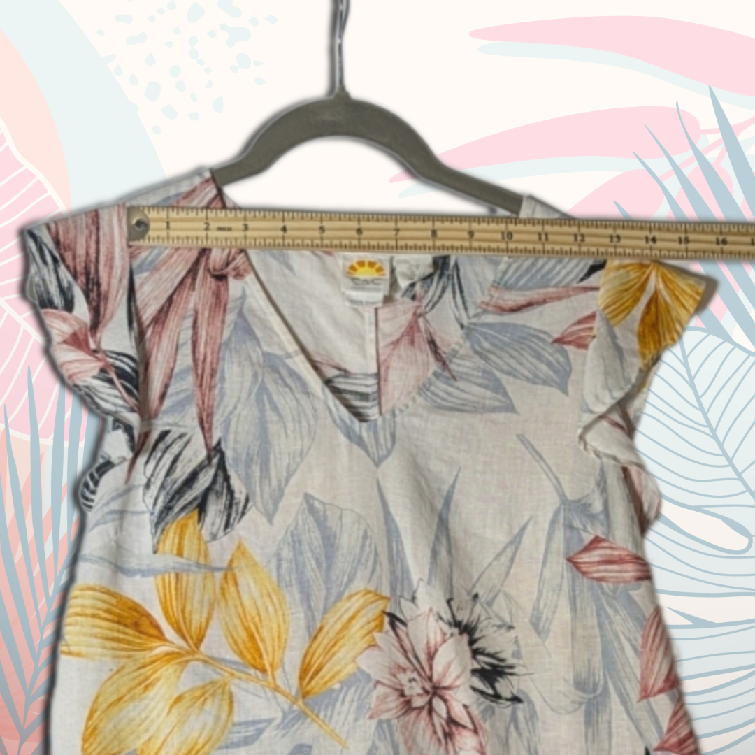 C&C California size XS 100% linen tropical pattern sundress, yellow/black/pink