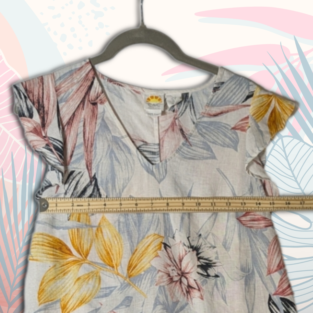 C&C California size XS 100% linen tropical pattern sundress, yellow/black/pink