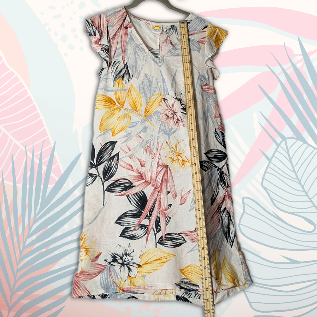 C&C California size XS 100% linen tropical pattern sundress, yellow/black/pink