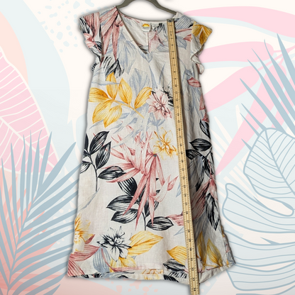 C&C California size XS 100% linen tropical pattern sundress, yellow/black/pink