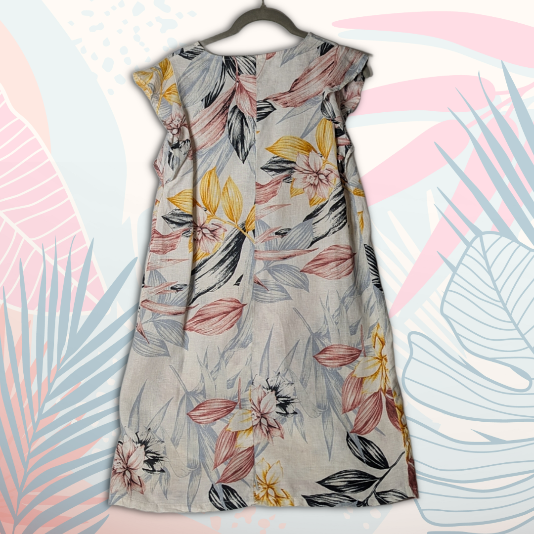 C&C California size XS 100% linen tropical pattern sundress, yellow/black/pink