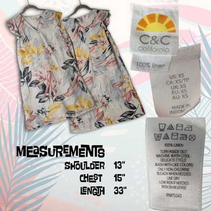 C&C California size XS 100% linen tropical pattern sundress, yellow/black/pink