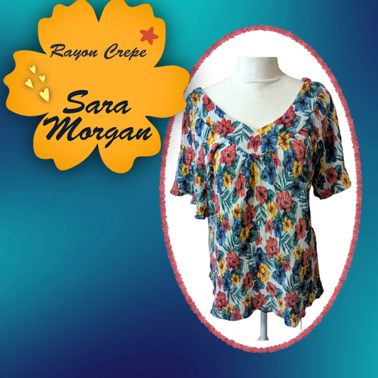 Sara Morgan rayon crepe boho flowered top, size L