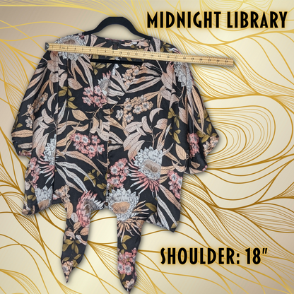 Midnight Library Size XL Floral Tie-and Button-Front Kimono Top