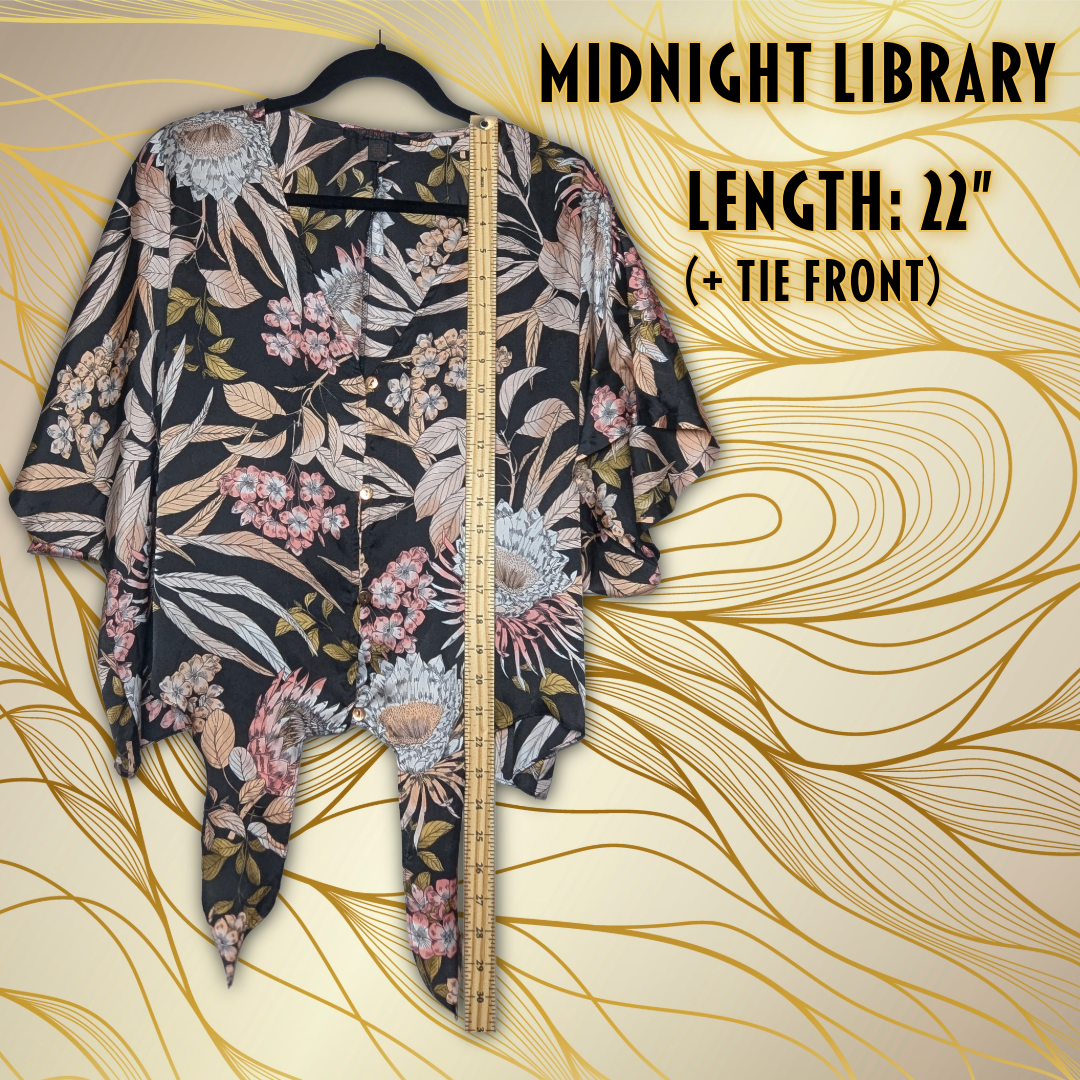 Midnight Library Size XL Floral Tie-and Button-Front Kimono Top