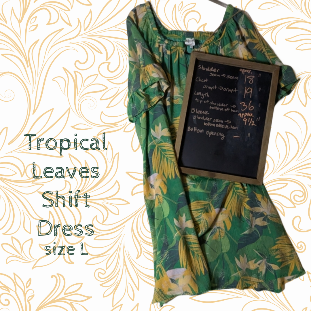 Anthropologie Naif Tropical Leaves Shift Dress - Green Yellow Palm Print, sz L
