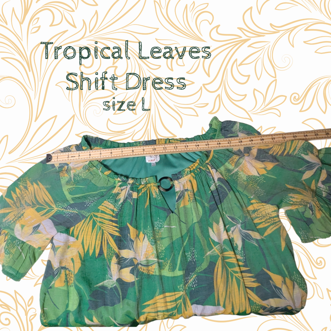Anthropologie Naif Tropical Leaves Shift Dress - Green Yellow Palm Print, sz L