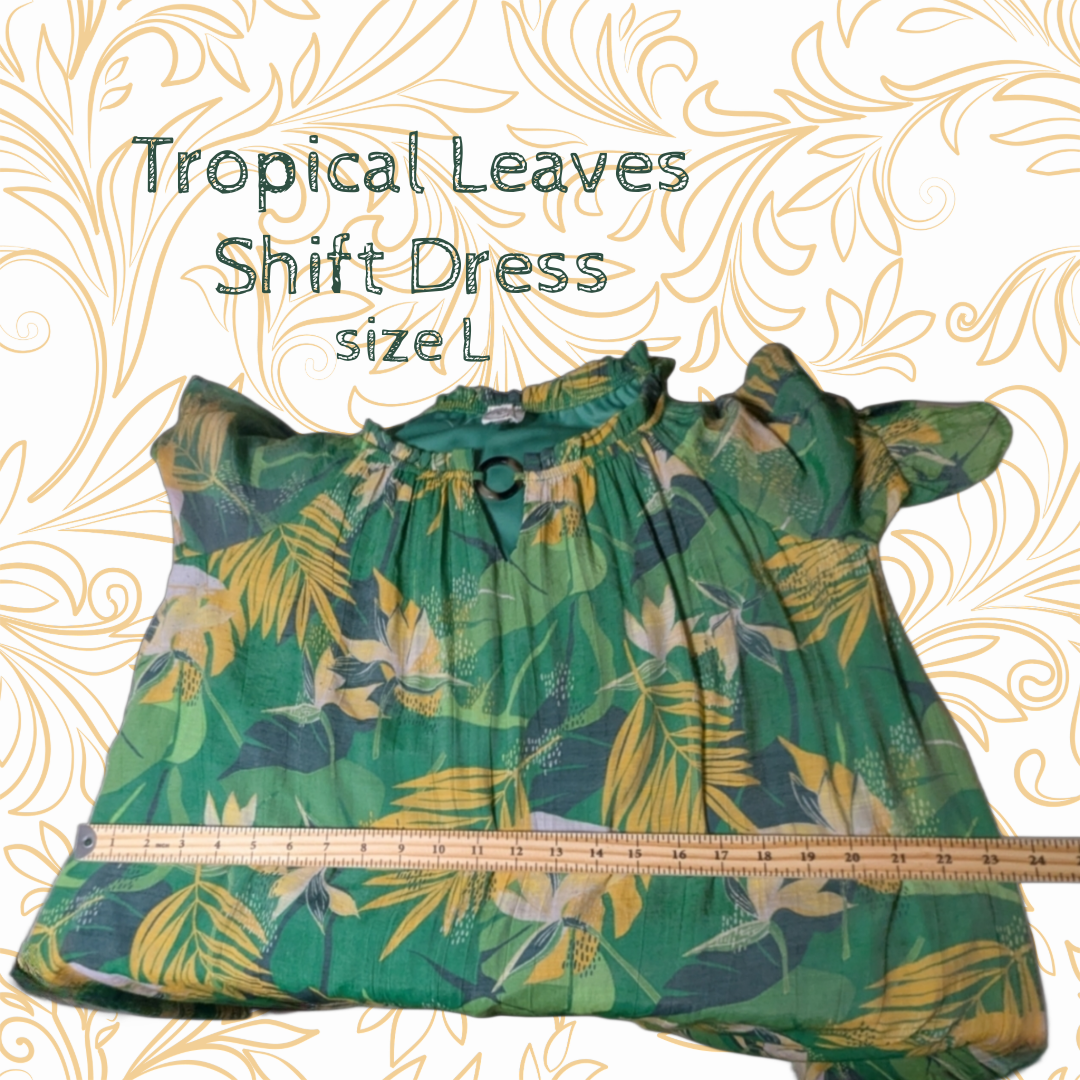 Anthropologie Naif Tropical Leaves Shift Dress - Green Yellow Palm Print, sz L