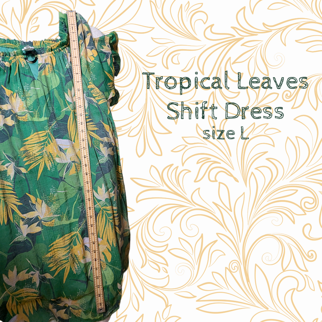 Anthropologie Naif Tropical Leaves Shift Dress - Green Yellow Palm Print, sz L