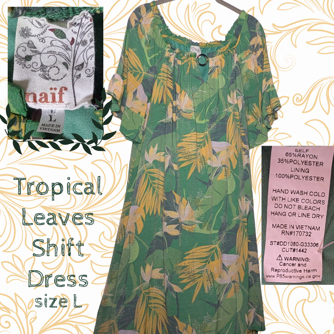 Anthropologie Naif Tropical Leaves Shift Dress - Green Yellow Palm Print, sz L