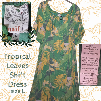 Anthropologie Naif Tropical Leaves Shift Dress - Green Yellow Palm Print, sz L