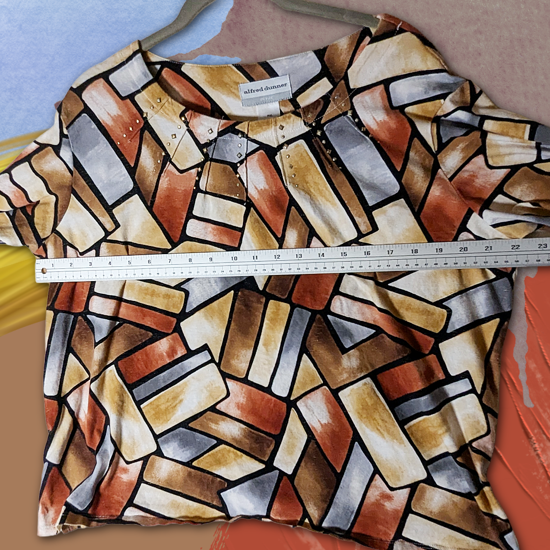 Alfred Dunner PXL Geometric Block Print Blouse | 3/4 Sleeve Studded Top