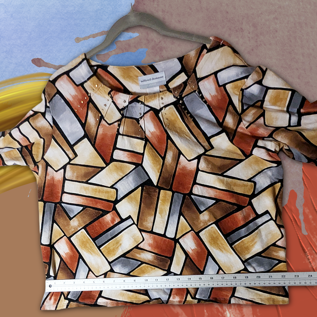 Alfred Dunner PXL Geometric Block Print Blouse | 3/4 Sleeve Studded Top
