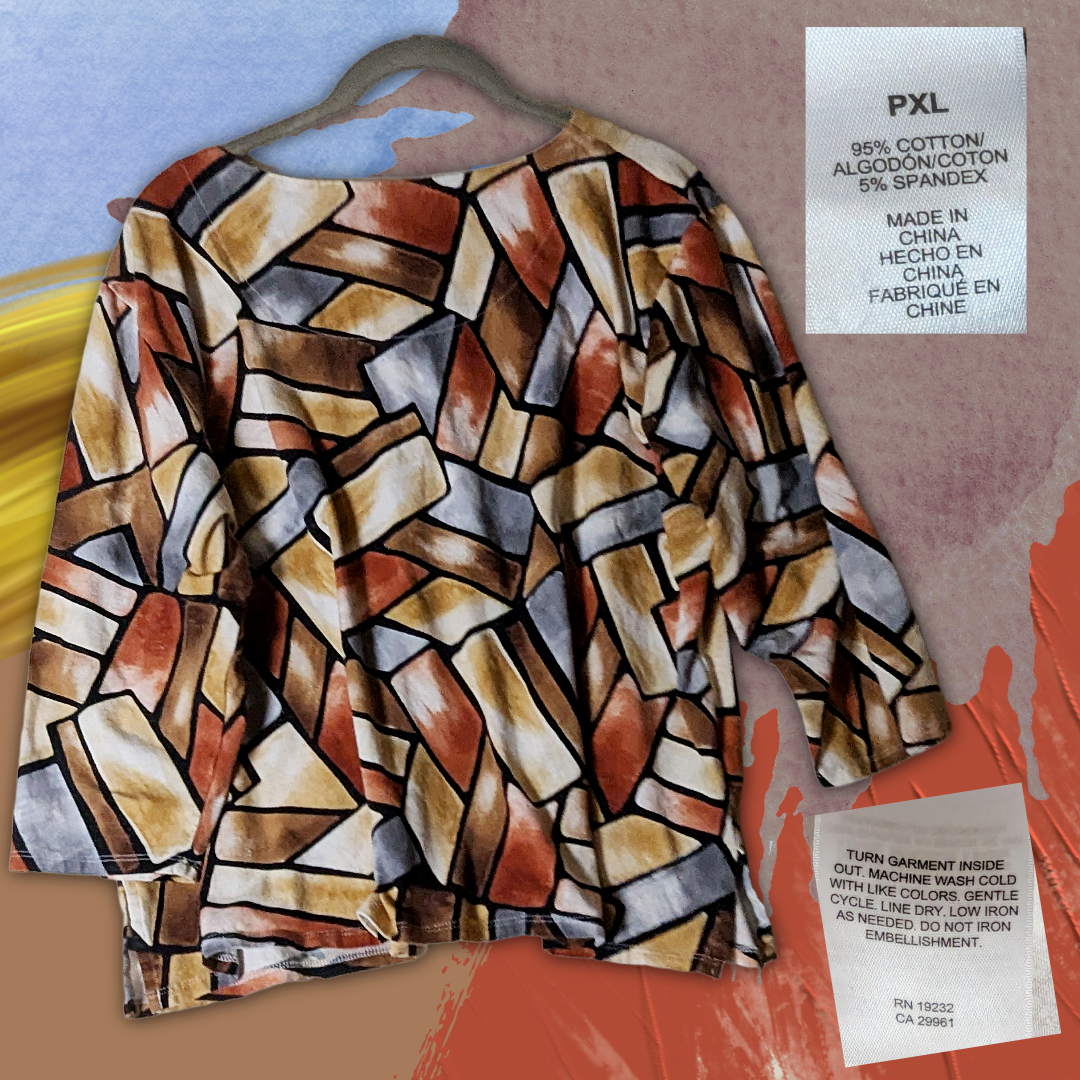 Alfred Dunner PXL Geometric Block Print Blouse | 3/4 Sleeve Studded Top