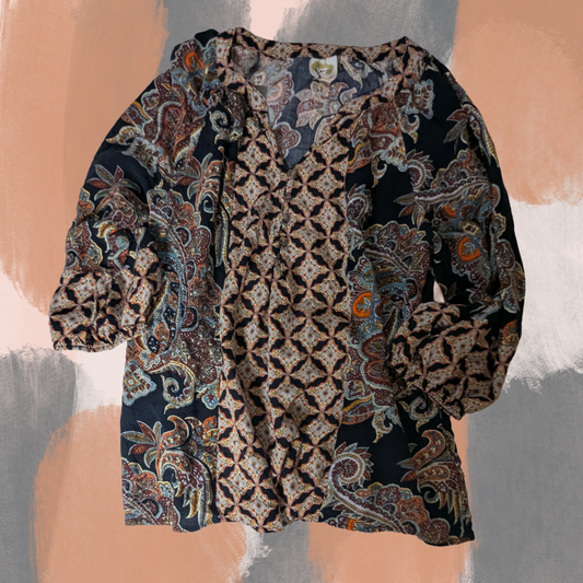 Fig and Flower Size Medium Black Paisley Top Blouse 3/4 Sleeve