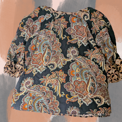 Fig and Flower Size Medium Black Paisley Top Blouse 3/4 Sleeve