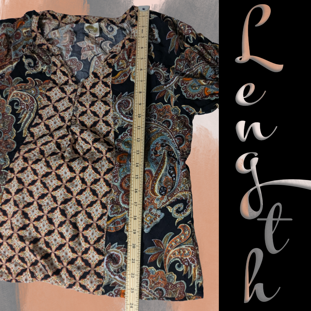 Fig and Flower Size Medium Black Paisley Top Blouse 3/4 Sleeve