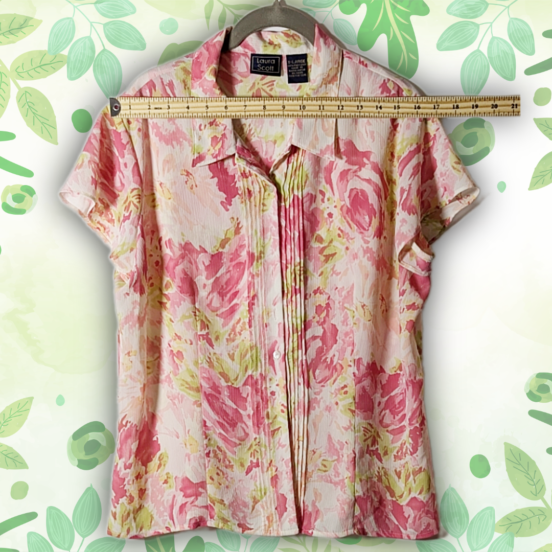 Laura Scott XL Floral Button-Down Shirt Pleated Short Sleeve Blouse Pink/Green