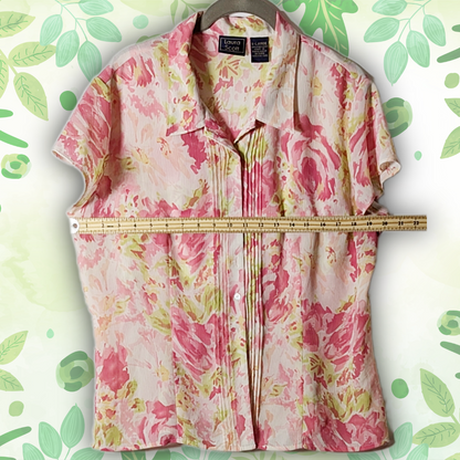 Laura Scott XL Floral Button-Down Shirt Pleated Short Sleeve Blouse Pink/Green