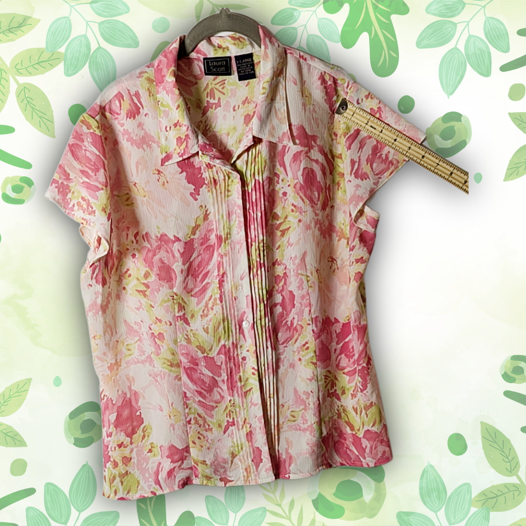 Laura Scott XL Floral Button-Down Shirt Pleated Short Sleeve Blouse Pink/Green