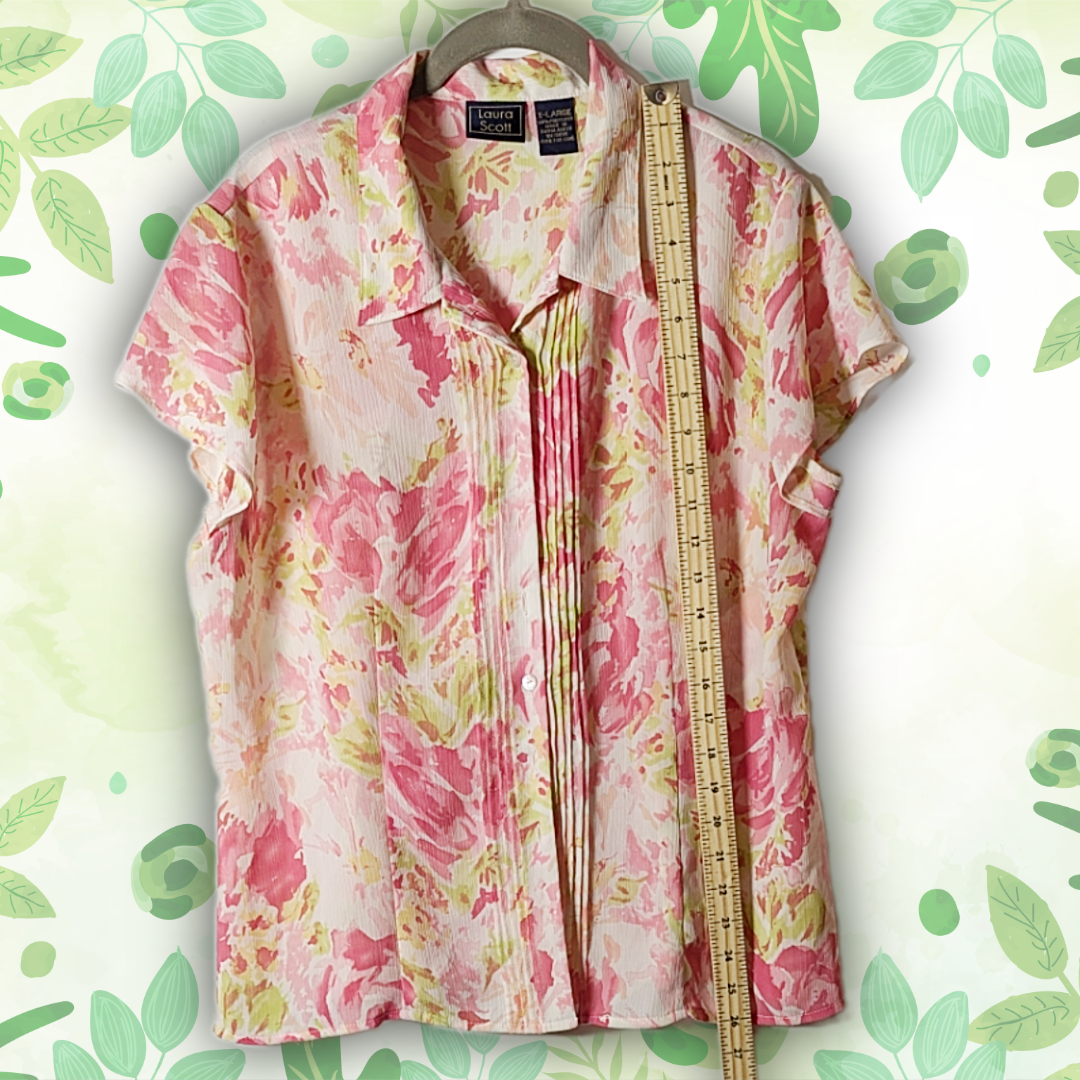 Laura Scott XL Floral Button-Down Shirt Pleated Short Sleeve Blouse Pink/Green