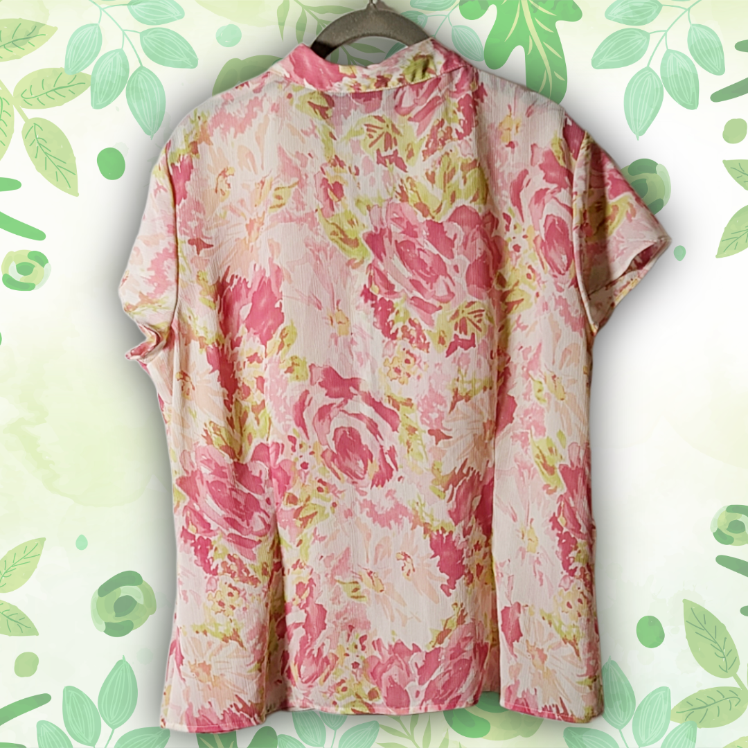 Laura Scott XL Floral Button-Down Shirt Pleated Short Sleeve Blouse Pink/Green