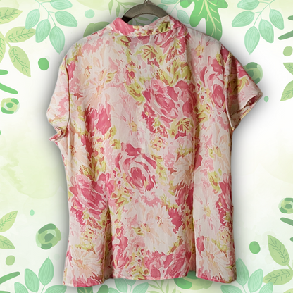 Laura Scott XL Floral Button-Down Shirt Pleated Short Sleeve Blouse Pink/Green