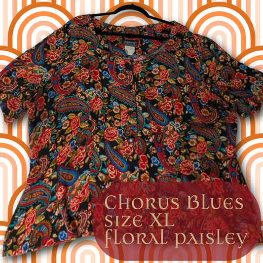 Vintage Chorus Blues Floral Paisley Blouse Size XL 100% Cotton