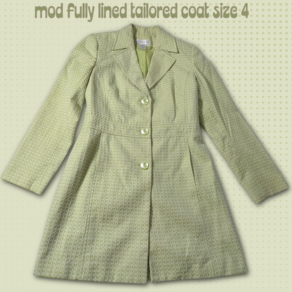Size 4 Worthington Lime Green Lined Coat, Embossed Circle Geometric Pattern