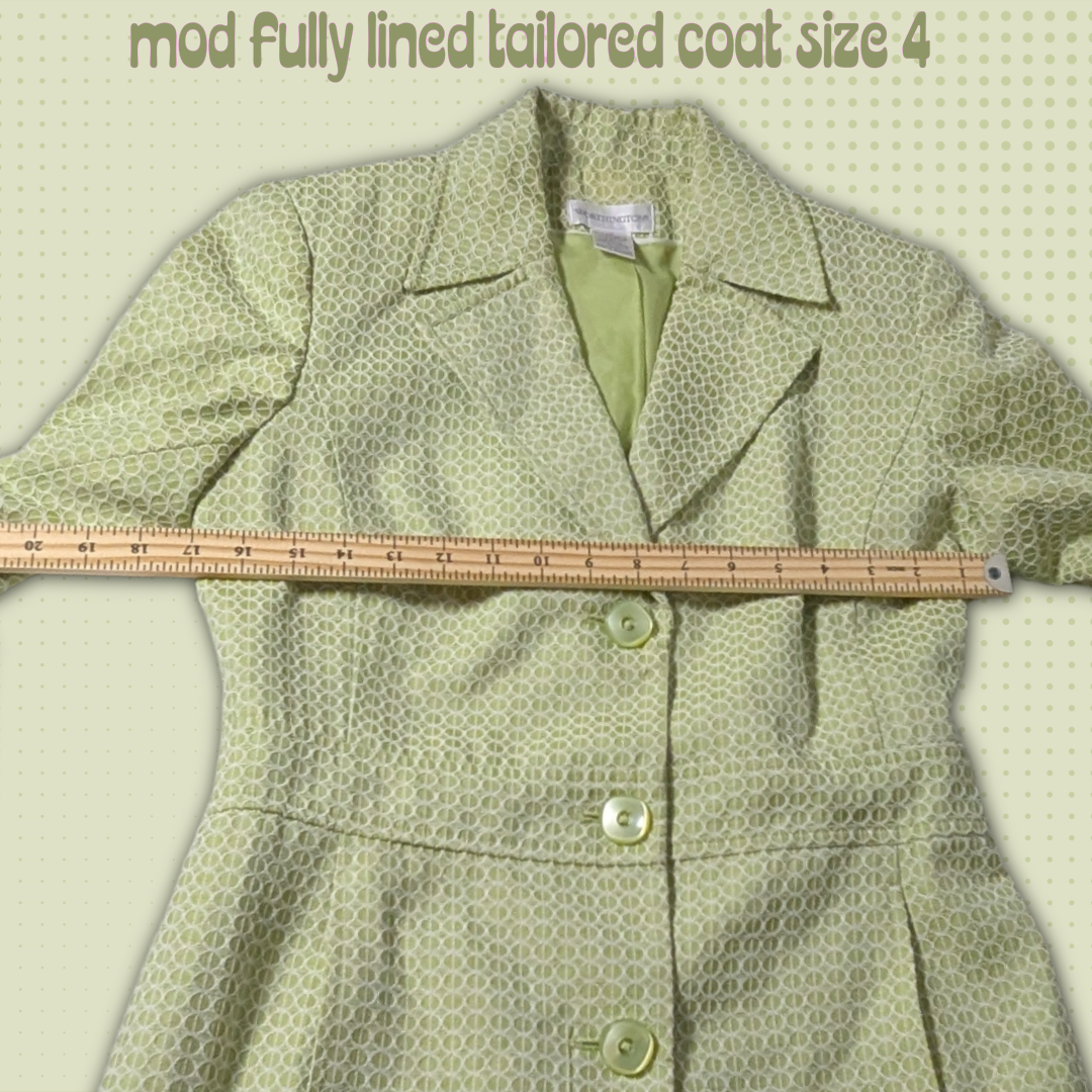 Size 4 Worthington Lime Green Lined Coat, Embossed Circle Geometric Pattern