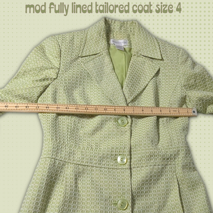 Size 4 Worthington Lime Green Lined Coat, Embossed Circle Geometric Pattern