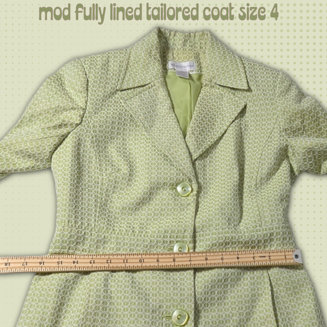 Size 4 Worthington Lime Green Lined Coat, Embossed Circle Geometric Pattern