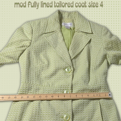 Size 4 Worthington Lime Green Lined Coat, Embossed Circle Geometric Pattern
