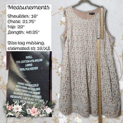 Jessica Howard Beige with White Floral Lace Sleeveless Cocktail Dress sz 16/XL