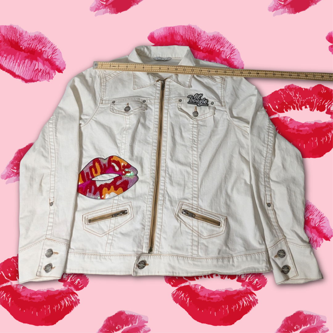 CAbi Bright White Denim Jacket with Sequin Lips Patches, Size XL