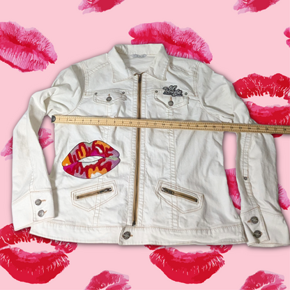CAbi Bright White Denim Jacket with Sequin Lips Patches, Size XL
