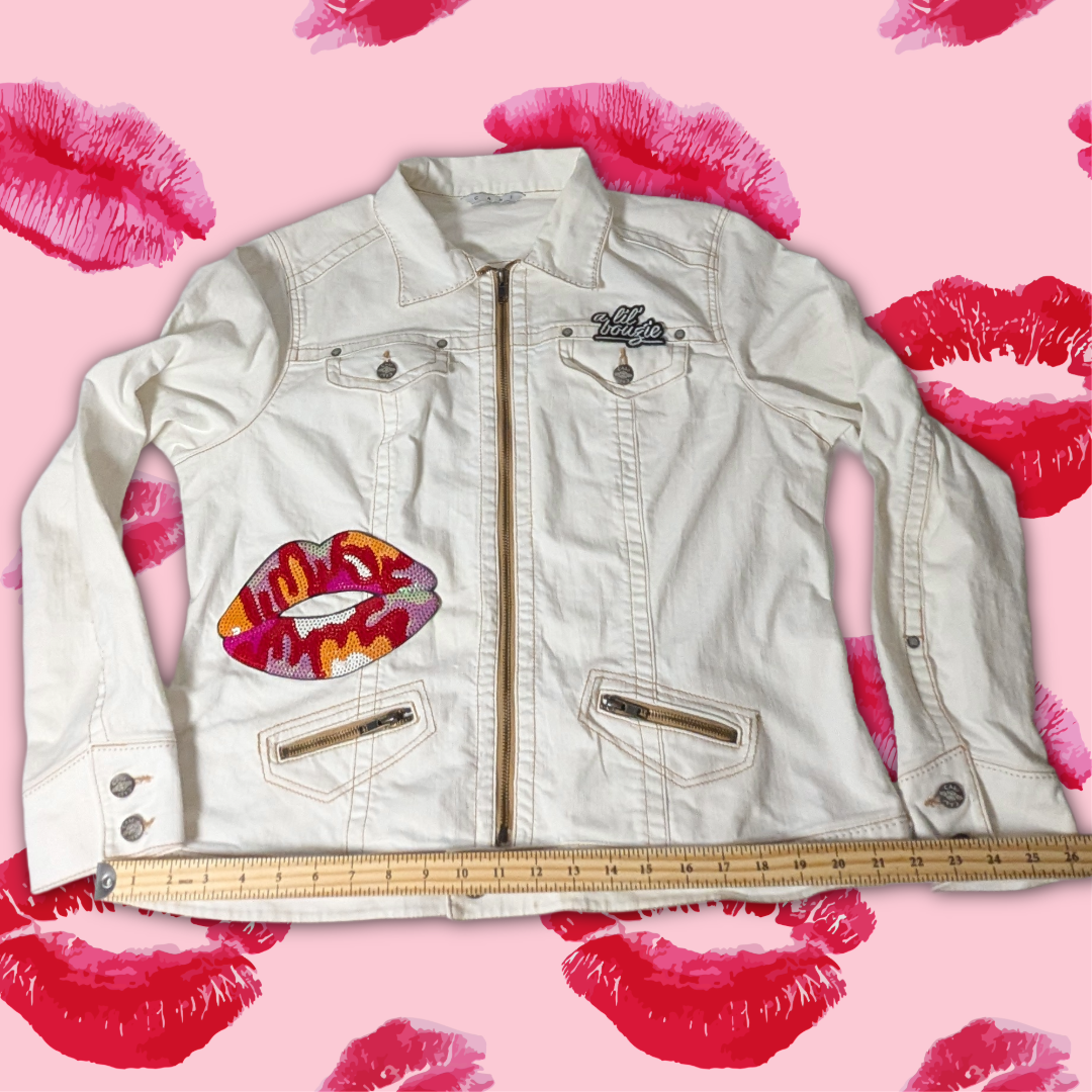 CAbi Bright White Denim Jacket with Sequin Lips Patches, Size XL
