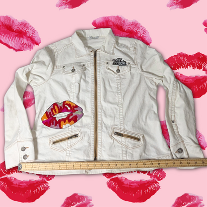 CAbi Bright White Denim Jacket with Sequin Lips Patches, Size XL