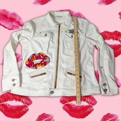 CAbi Bright White Denim Jacket with Sequin Lips Patches, Size XL