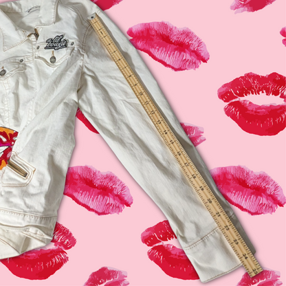 CAbi Bright White Denim Jacket with Sequin Lips Patches, Size XL