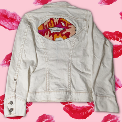 CAbi Bright White Denim Jacket with Sequin Lips Patches, Size XL