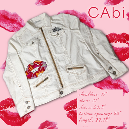 CAbi Bright White Denim Jacket with Sequin Lips Patches, Size XL