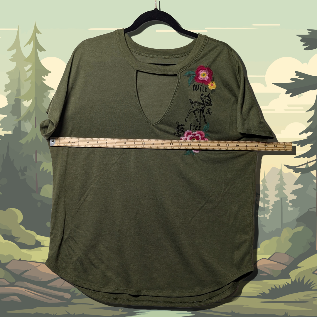 Disney Parks Boutique Bambi "Wild & Free" Forest Green Keyhole Top, Women's 2XL
