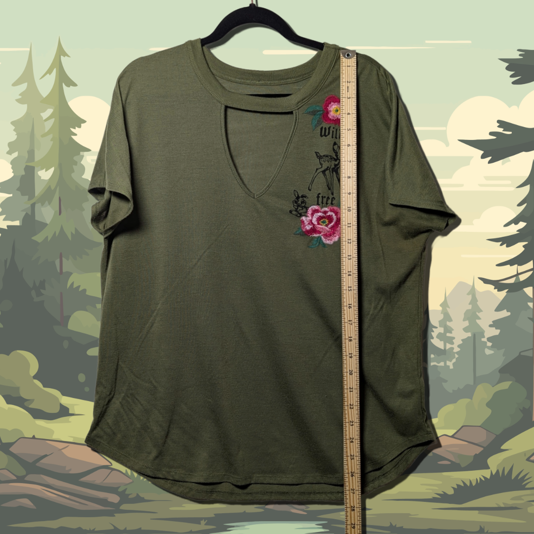 Disney Parks Boutique Bambi "Wild & Free" Forest Green Keyhole Top, Women's 2XL