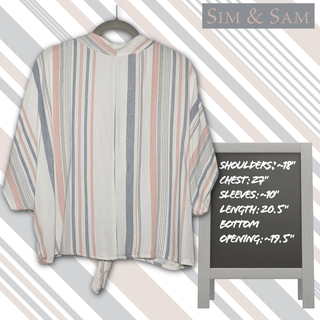 Sim & Sam Size L Striped Rayon Tie Front Button Down Dolman Sleeve V-Neck Blouse