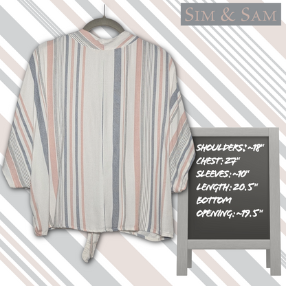 Sim & Sam Size L Striped Rayon Tie Front Button Down Dolman Sleeve V-Neck Blouse
