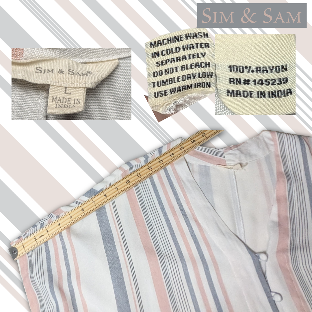 Sim & Sam Size L Striped Rayon Tie Front Button Down Dolman Sleeve V-Neck Blouse