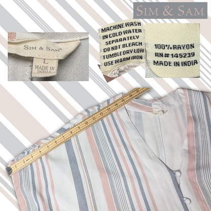 Sim & Sam Size L Striped Rayon Tie Front Button Down Dolman Sleeve V-Neck Blouse